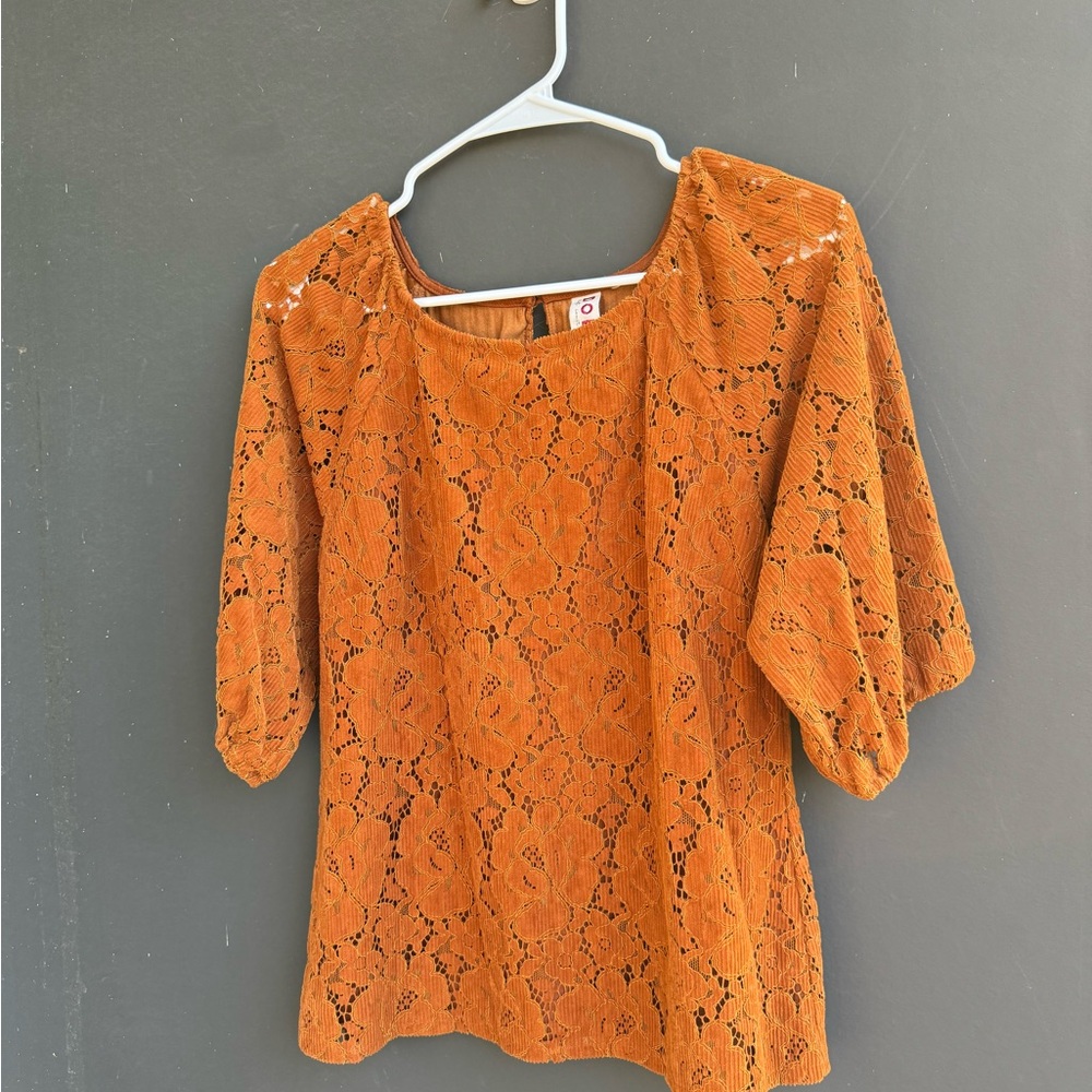 Anthropology Dolan corduroy Lace Puff-Sleeve Top in Rust Orange - Picture 5 of 10